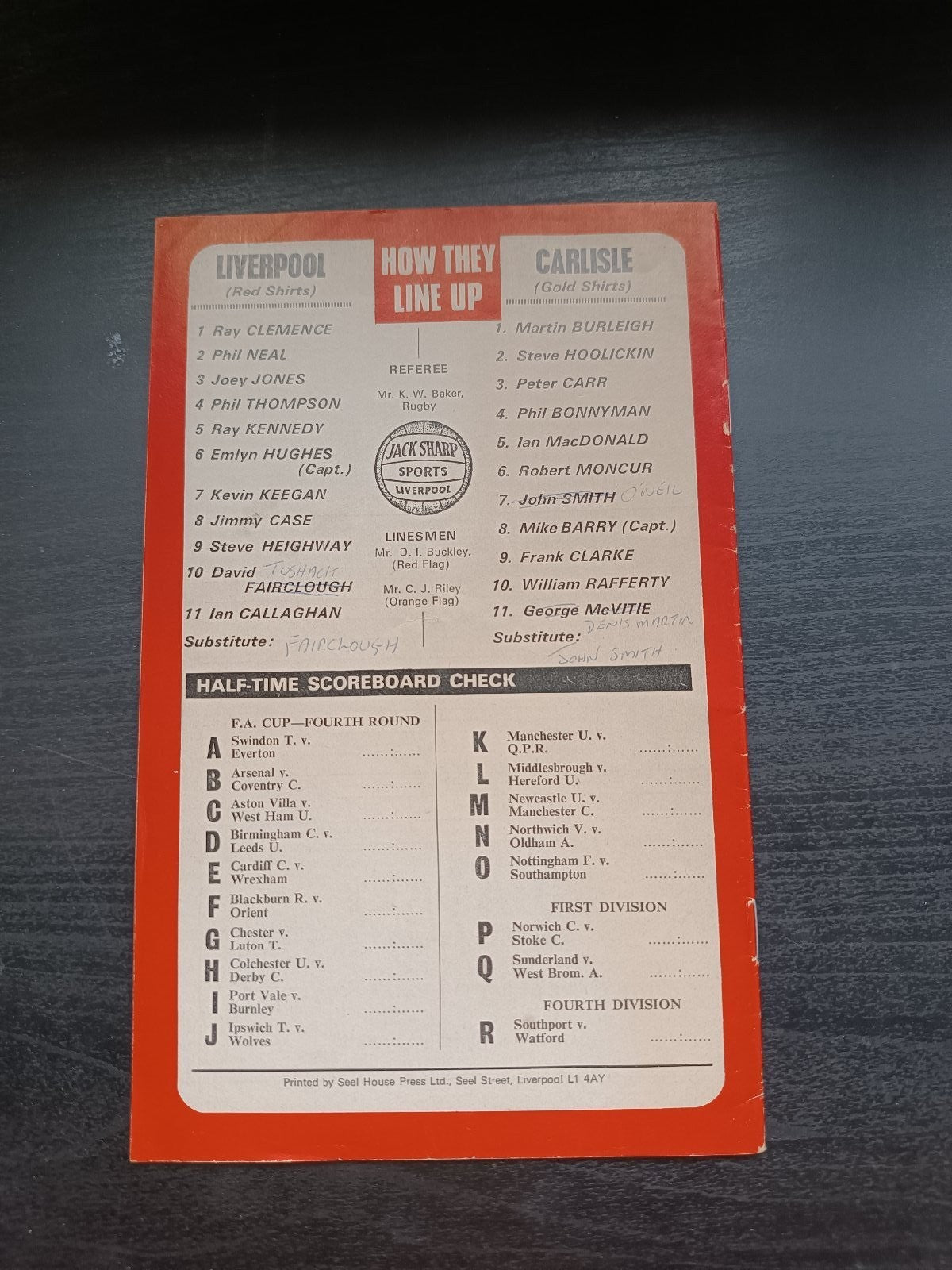 programma calcio Liverpool V Carlisle 29th 1977