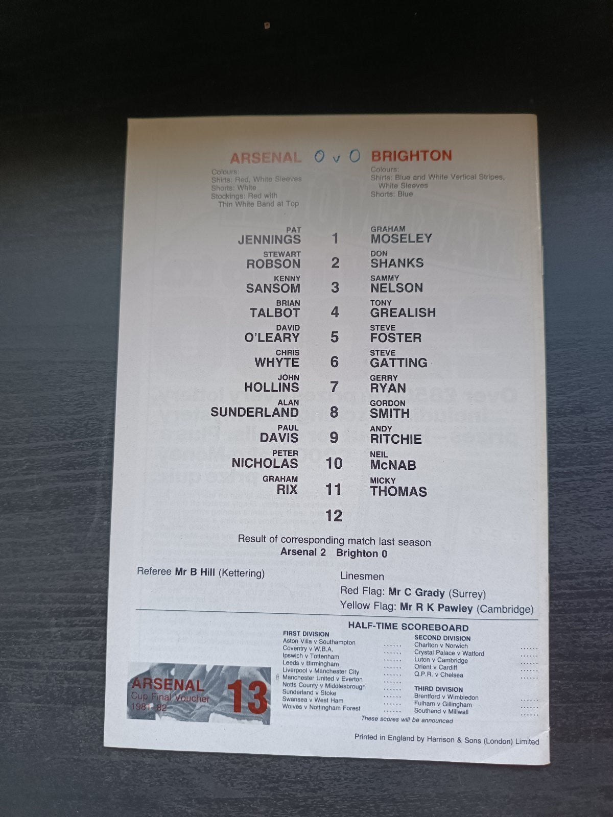 programma calcio Arsenal V Brighton 26th 1981