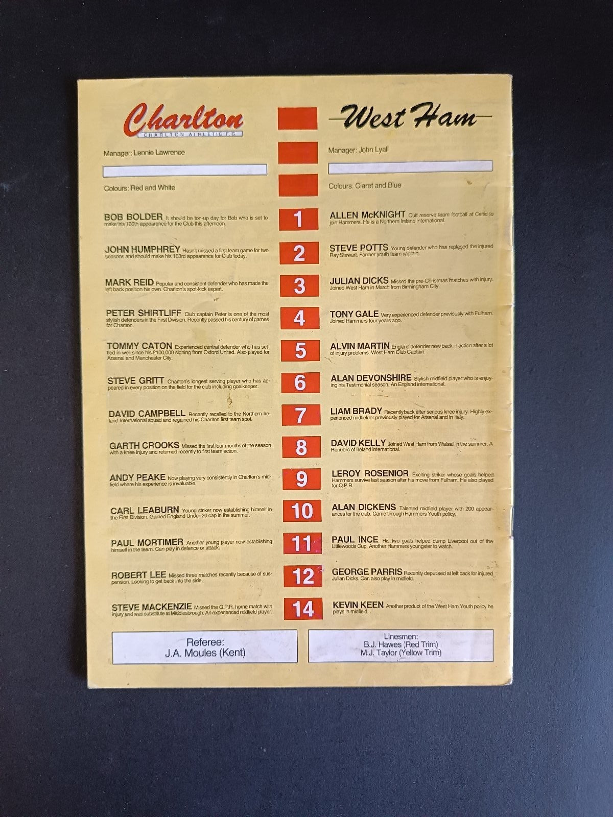 programma calcio Charlton Athletic vs West Ham Utd 1988