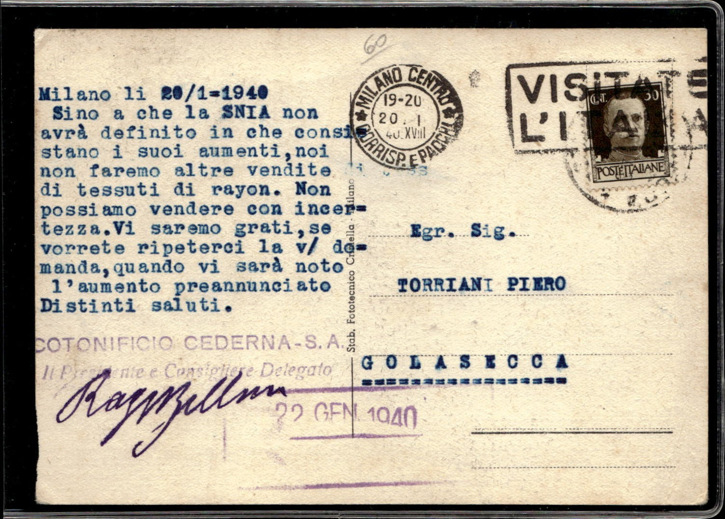 cartolina postcard Milano Cotonificio Cederna 1940