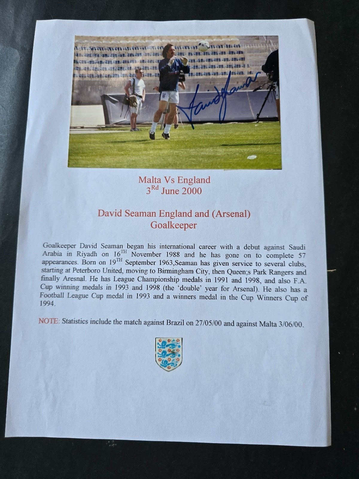 Autografo autograph originale su foto David Seaman England