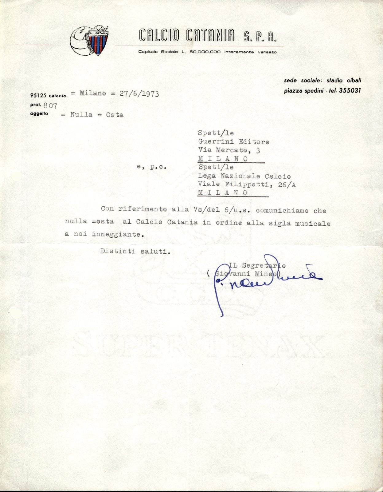 carta intestata societ� sportiva U.S. Catania Spa 1973 04