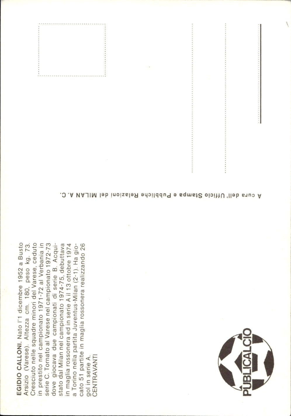 cartolina postcard Calcio Milan Sponsor Puma - Calloni