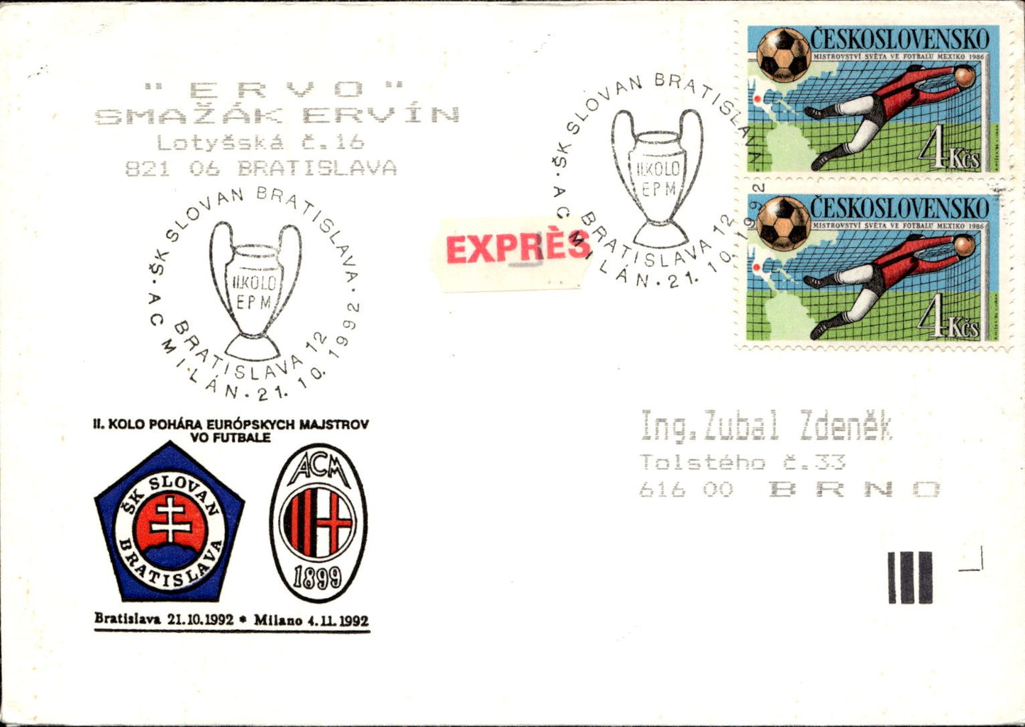busta per cartolina postcard Calcio Milan Bratislava Annullo 21-10-1992