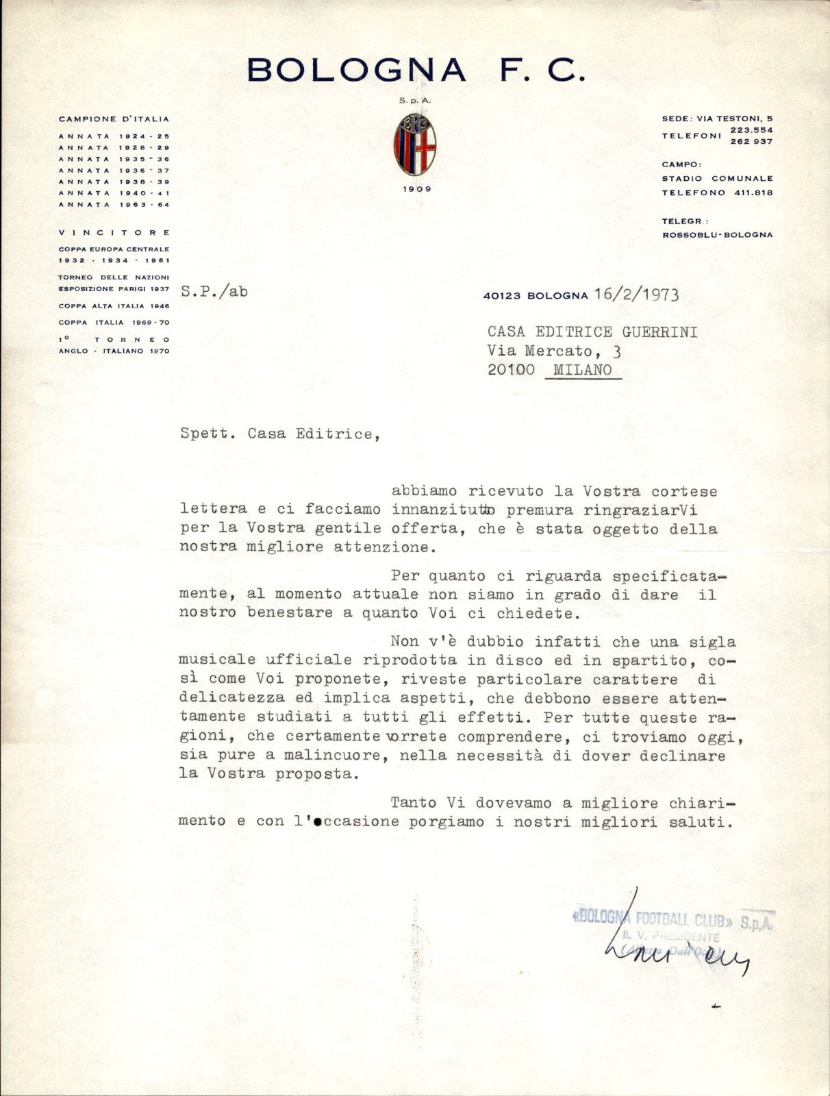 carta intestata societ� sportiva Bologna FC 1973 03