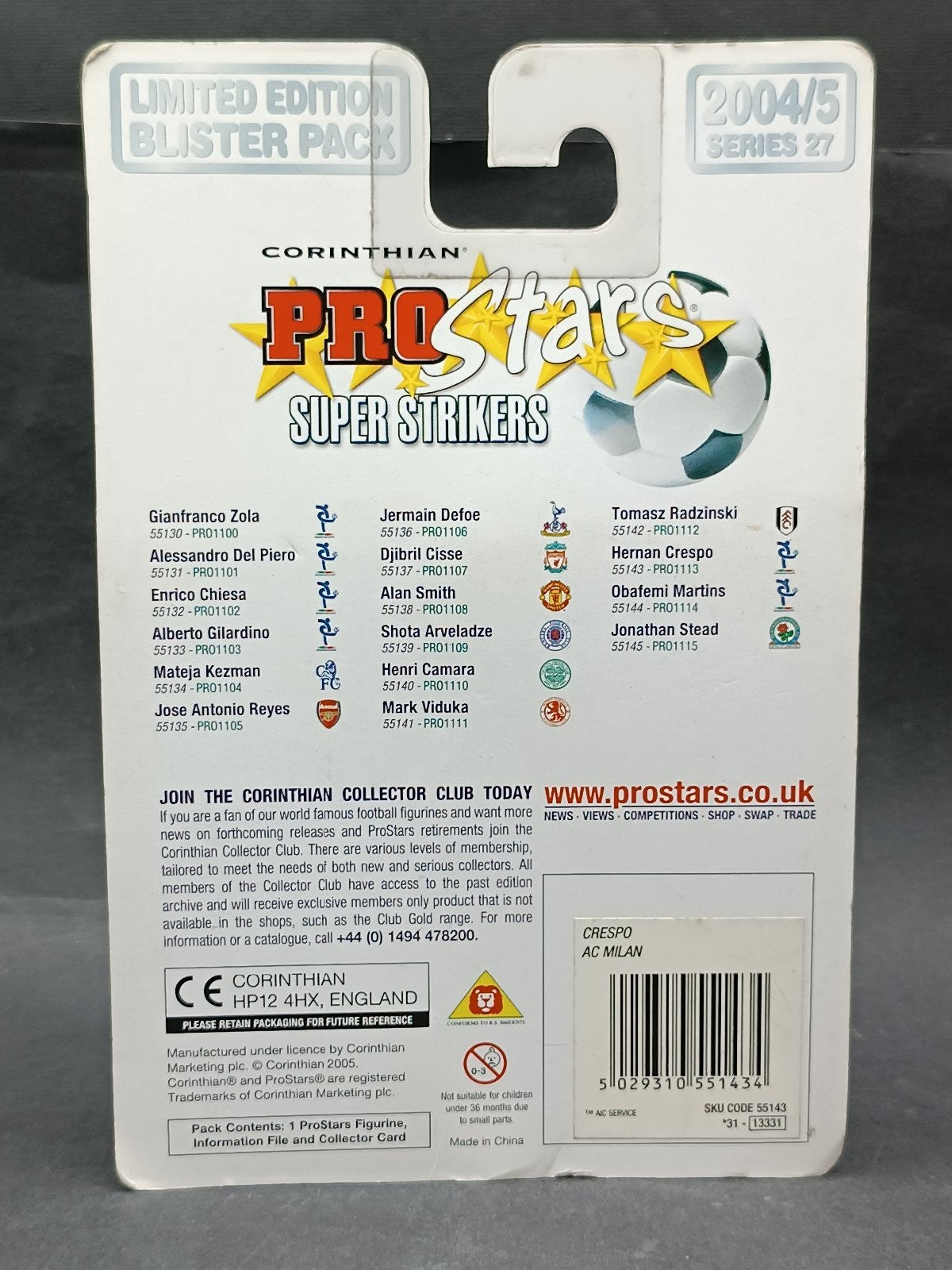 action figure calcio Corinthian Pro Stars Super Strikers Hernan Crespo Milan