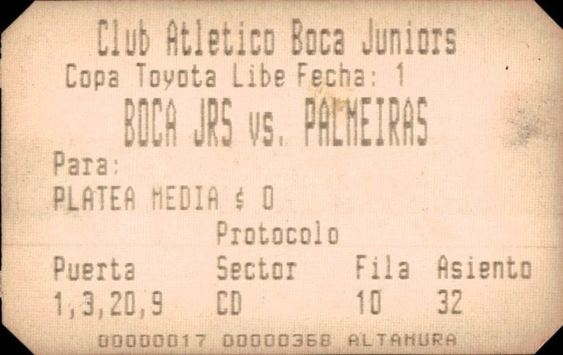 biglietto stadio BOCA JRS VS PALMEIRAS N 368