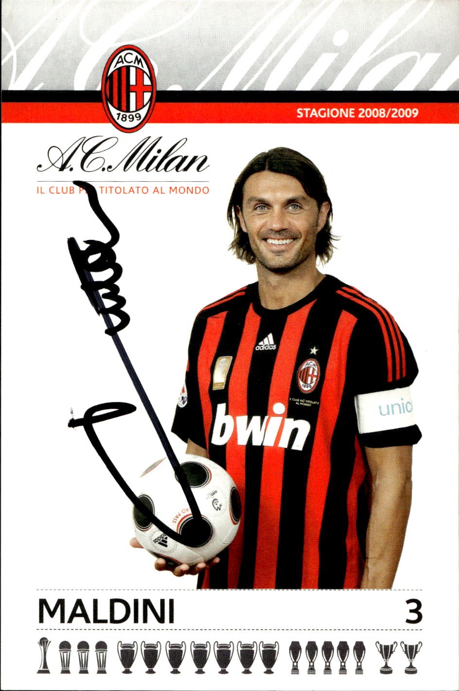 cartolina postcard Calcio 2008-09 Milan Maldini Con Autografo