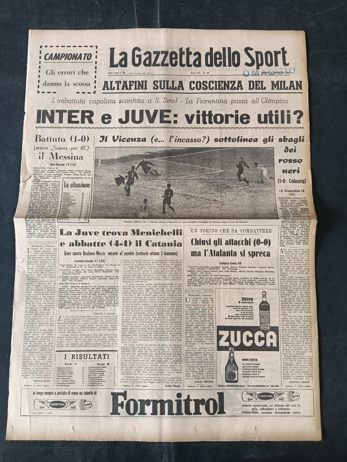 Quotidiano LA GAZZETTA DELLO SPORT n 33 06/02/1965 Altafini