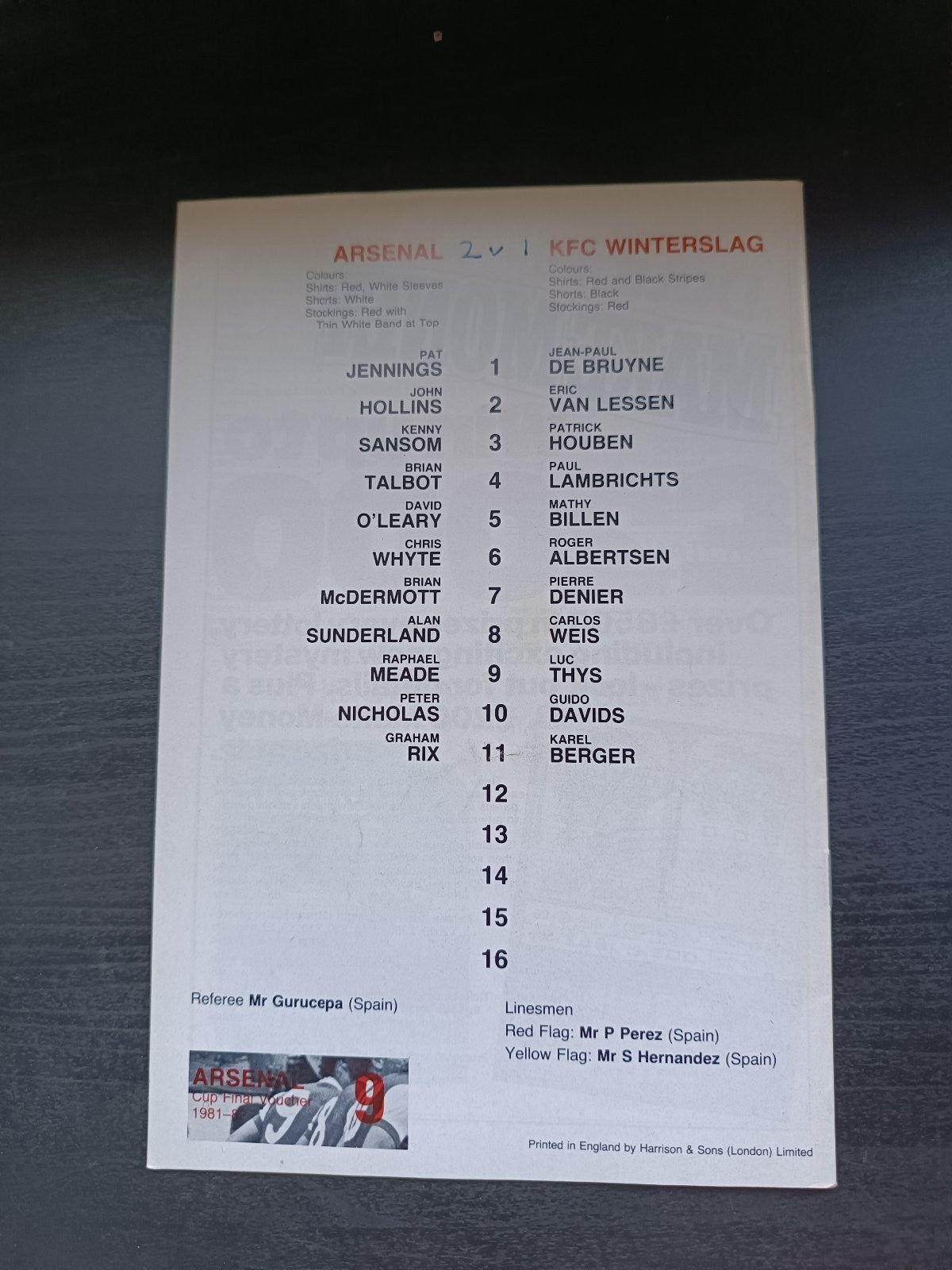 programma calcio Arsenal V KFC Winterslag 3rd 1981