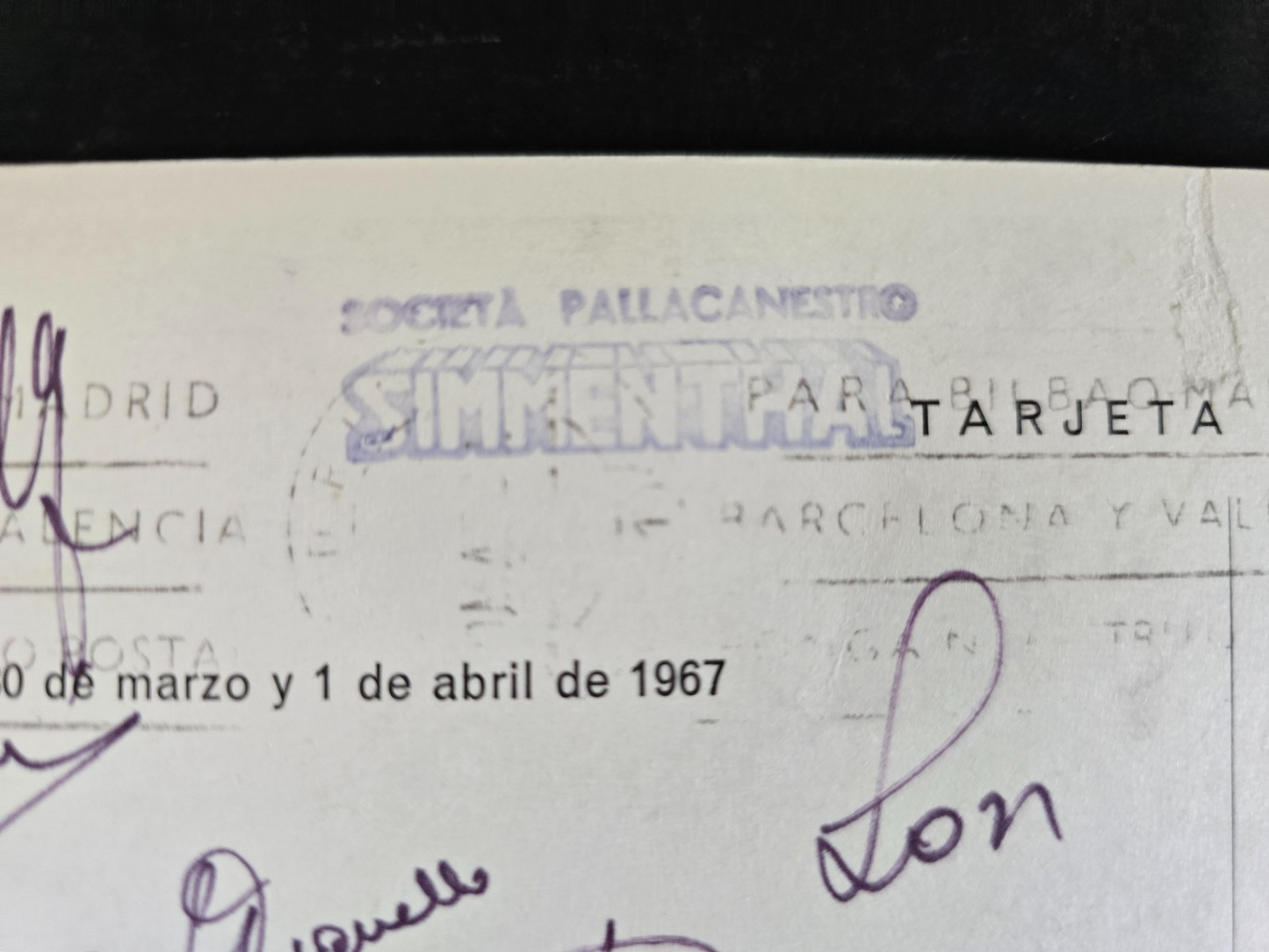 SIMMENTHAL Olimpia Milano Basket cartolina viaggiata autografata Coppa Campioni