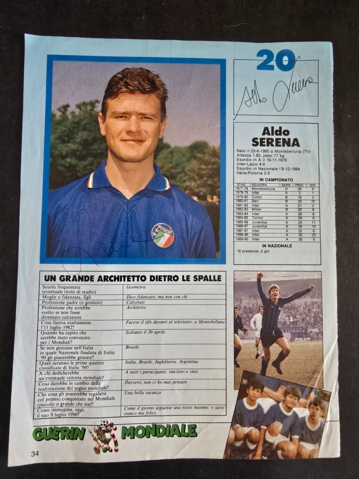 doppio autografo originale Toto Schillaci e Aldo Serena su ritaglio rivista