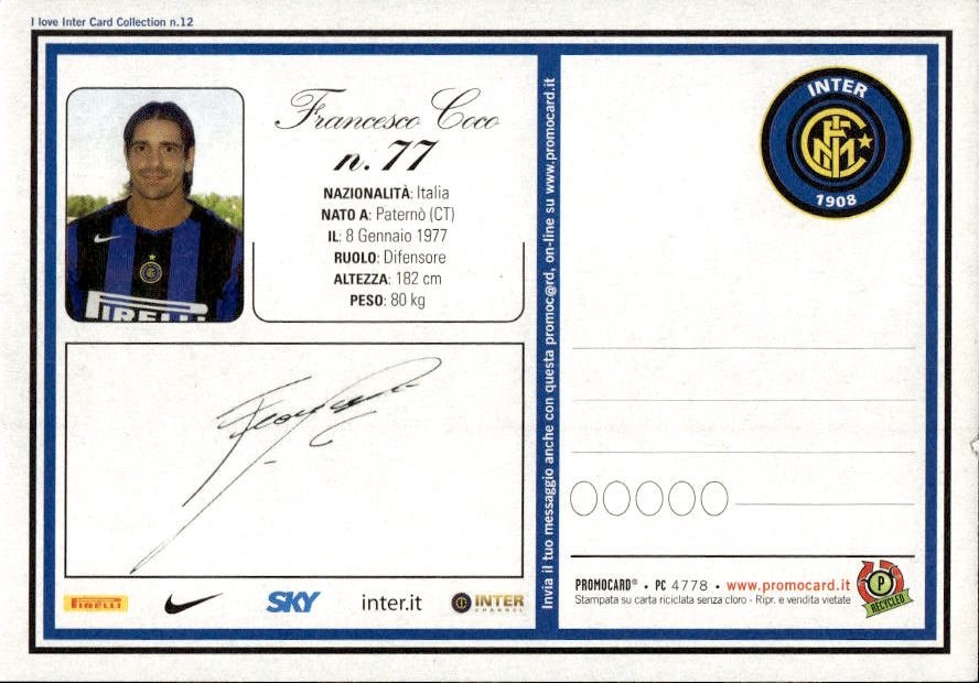 Cartolina calciatore Inter Giuseppe Favalli con autografo stampato