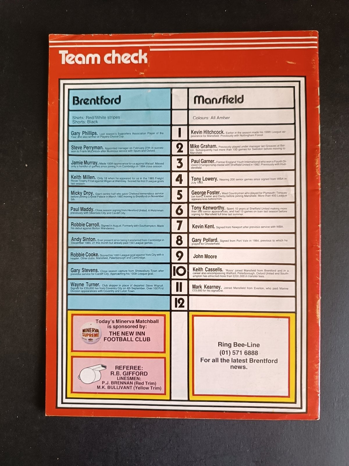 programma calcio Brentford vs Mansfield Town 1987