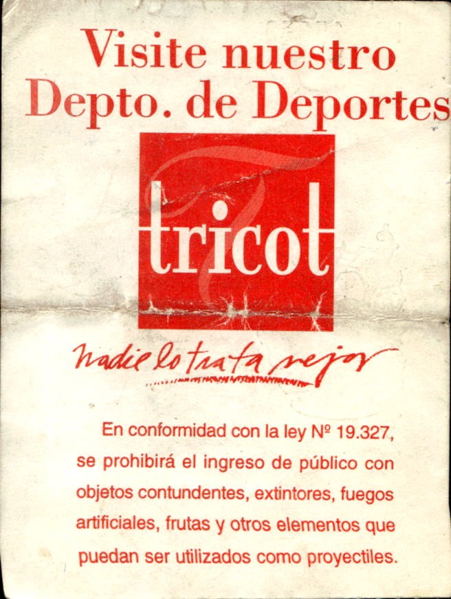 biglietto stadio CHILE V/S COLOMBIA 5 JULIO 1997