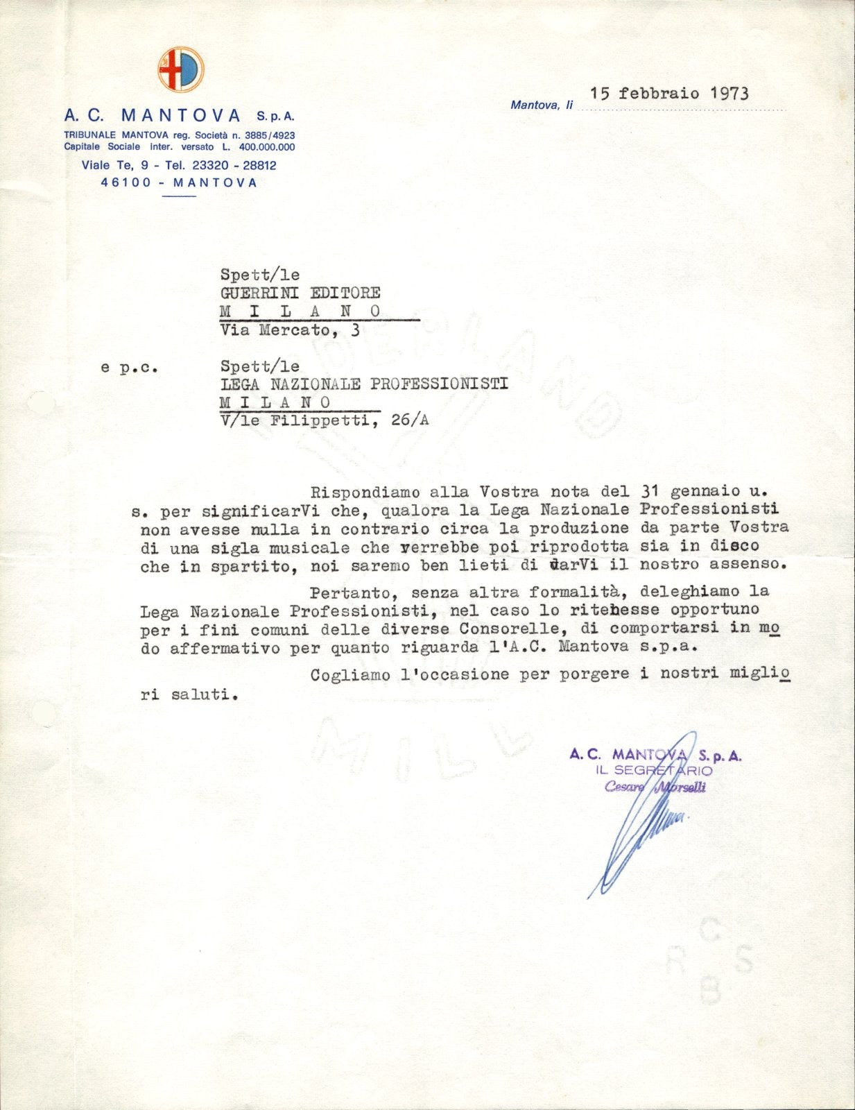 carta intestata societ� sportiva Calcio Mantova Spa 1973