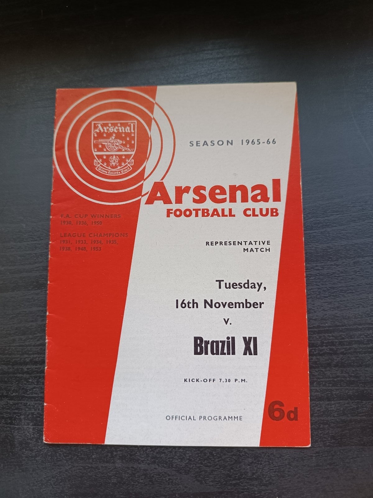programma calcio Arsenal V Brasil 16th 1965