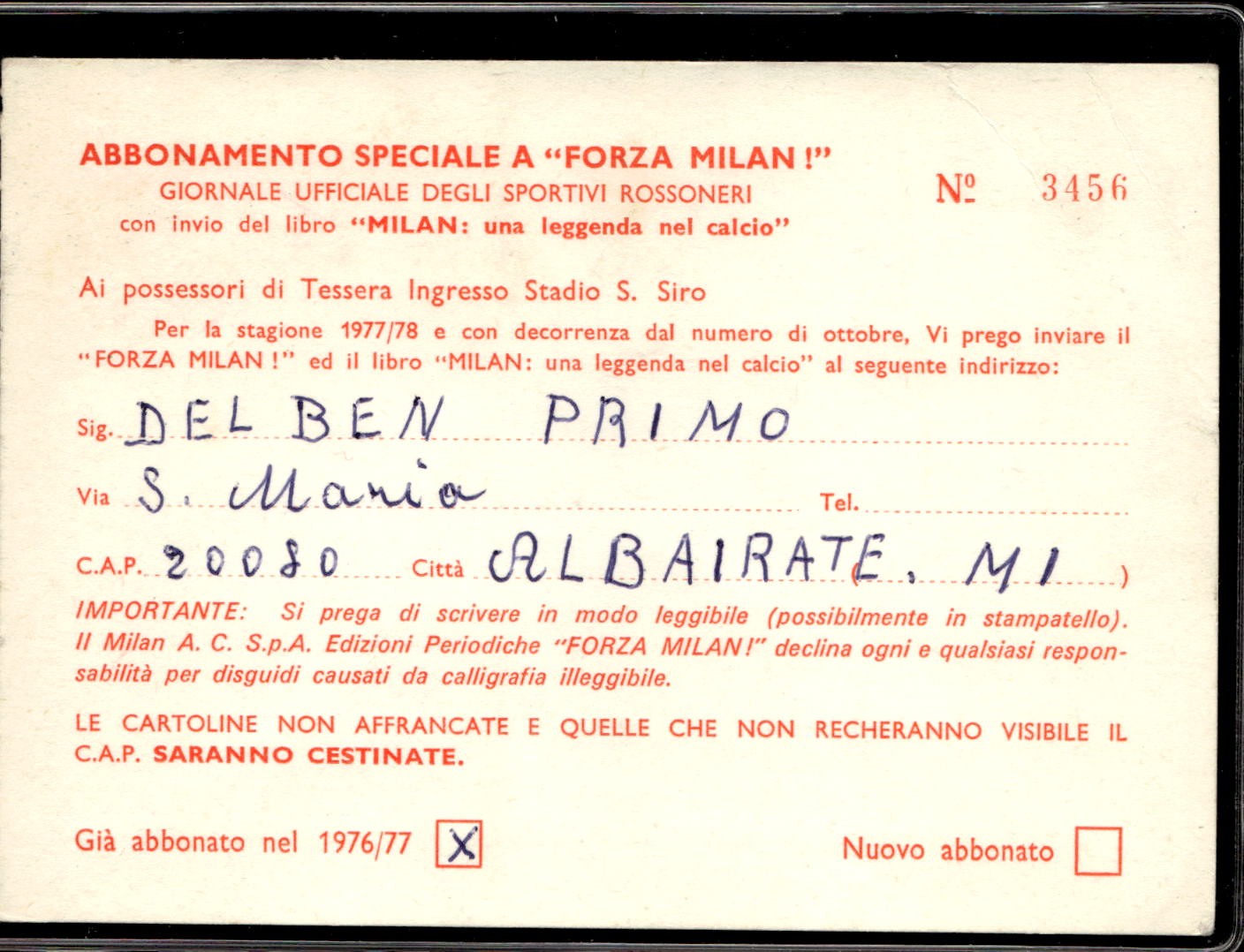 cartolina postcard Abbonamento a Forza Milan n. 3456