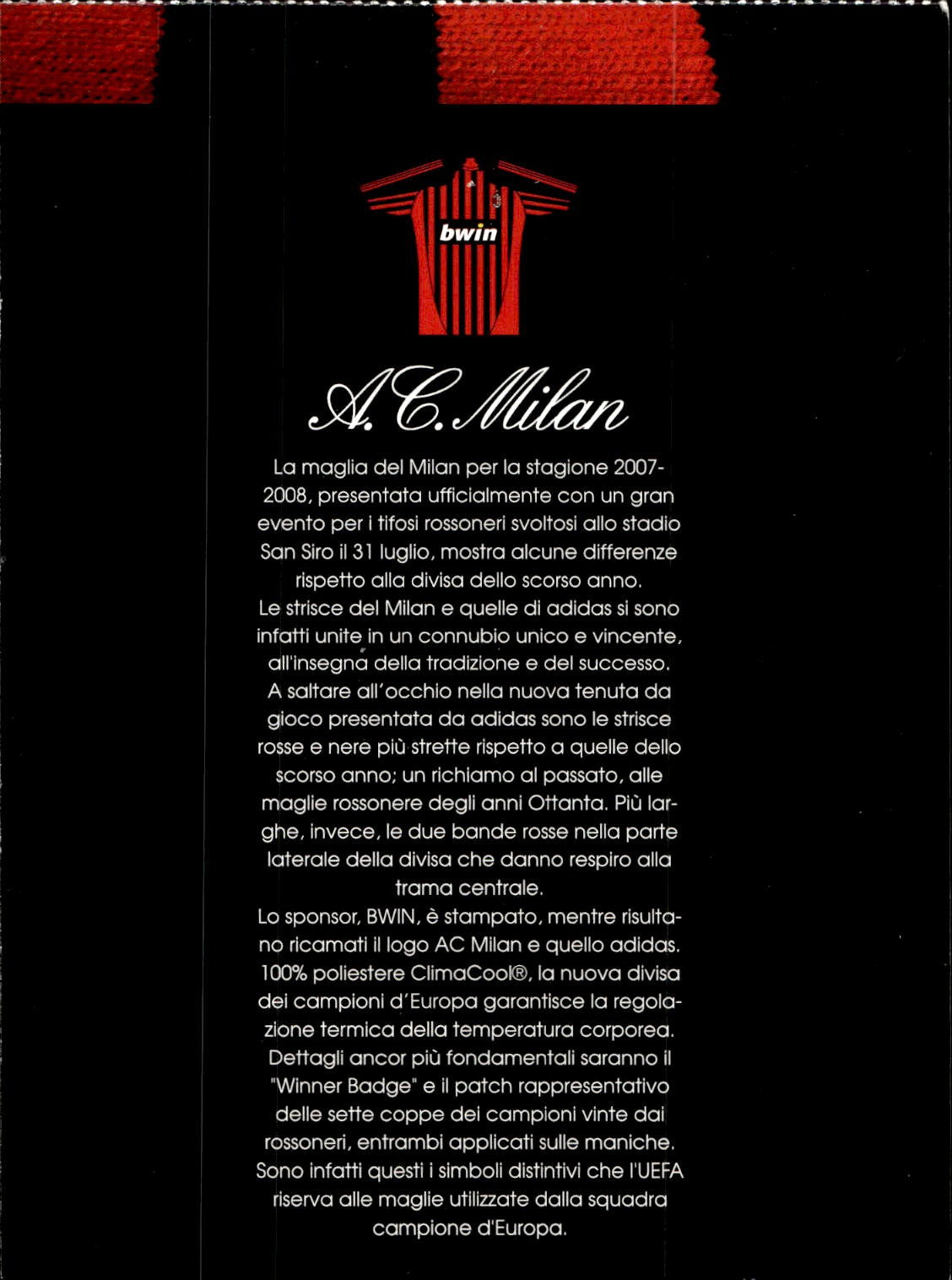 cartolina postcard Calcio da raccoglitore Milan Maglia