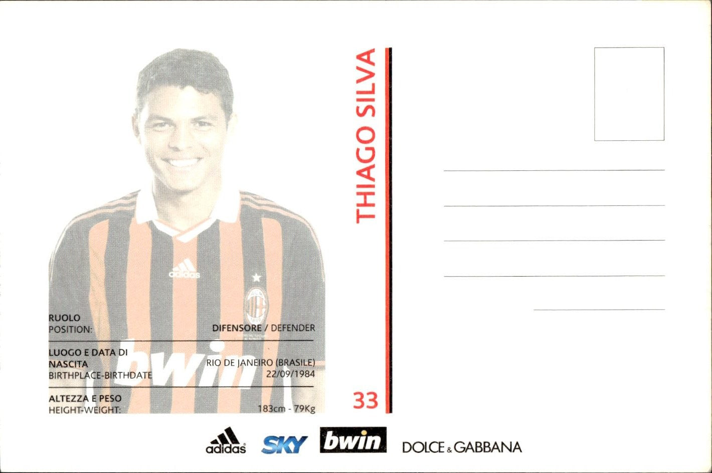 cartolina postcard Calcio 2009-10 Milan Thiago Silva