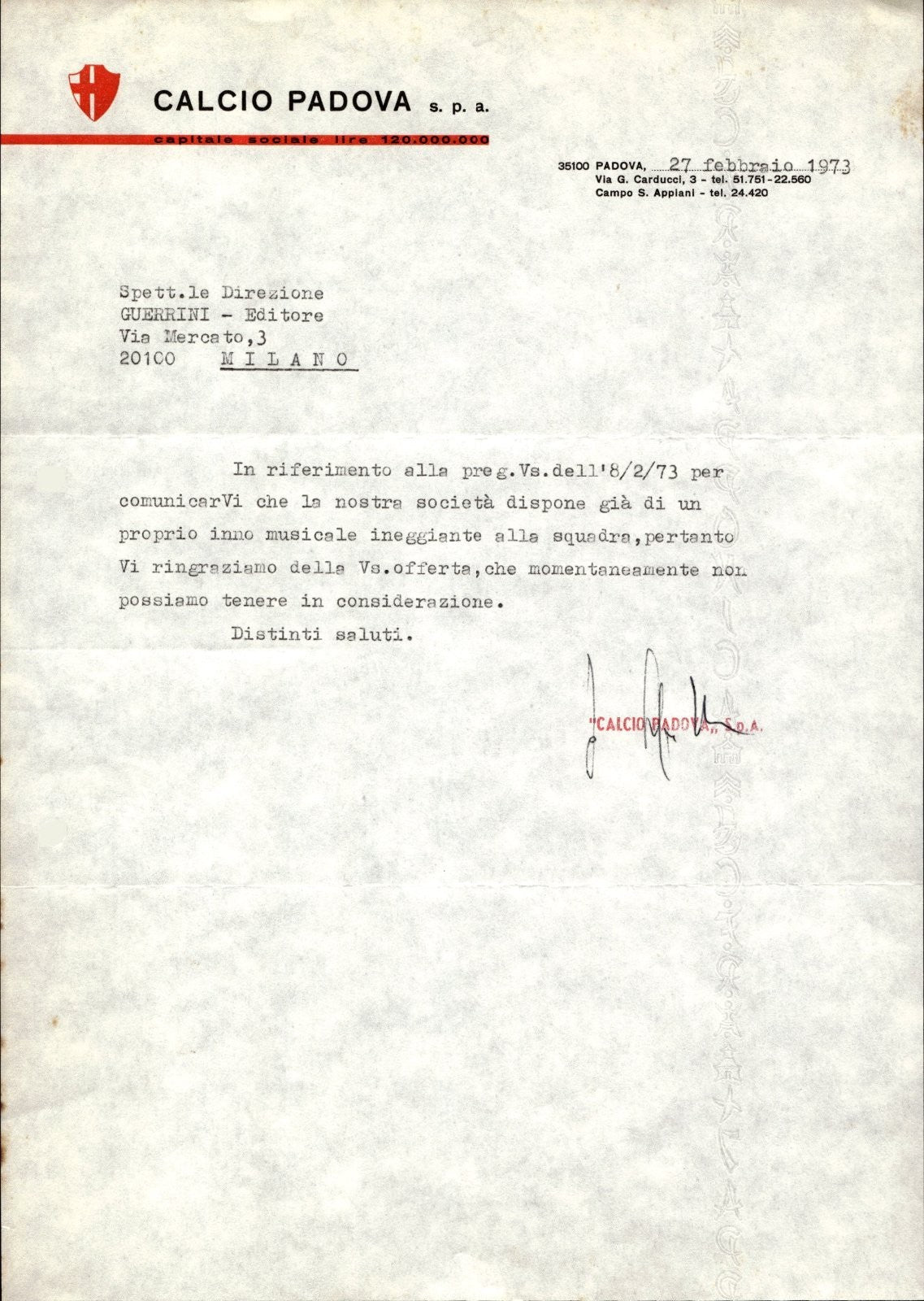 carta intestata societ� sportiva Calcio Padova Spa 1973