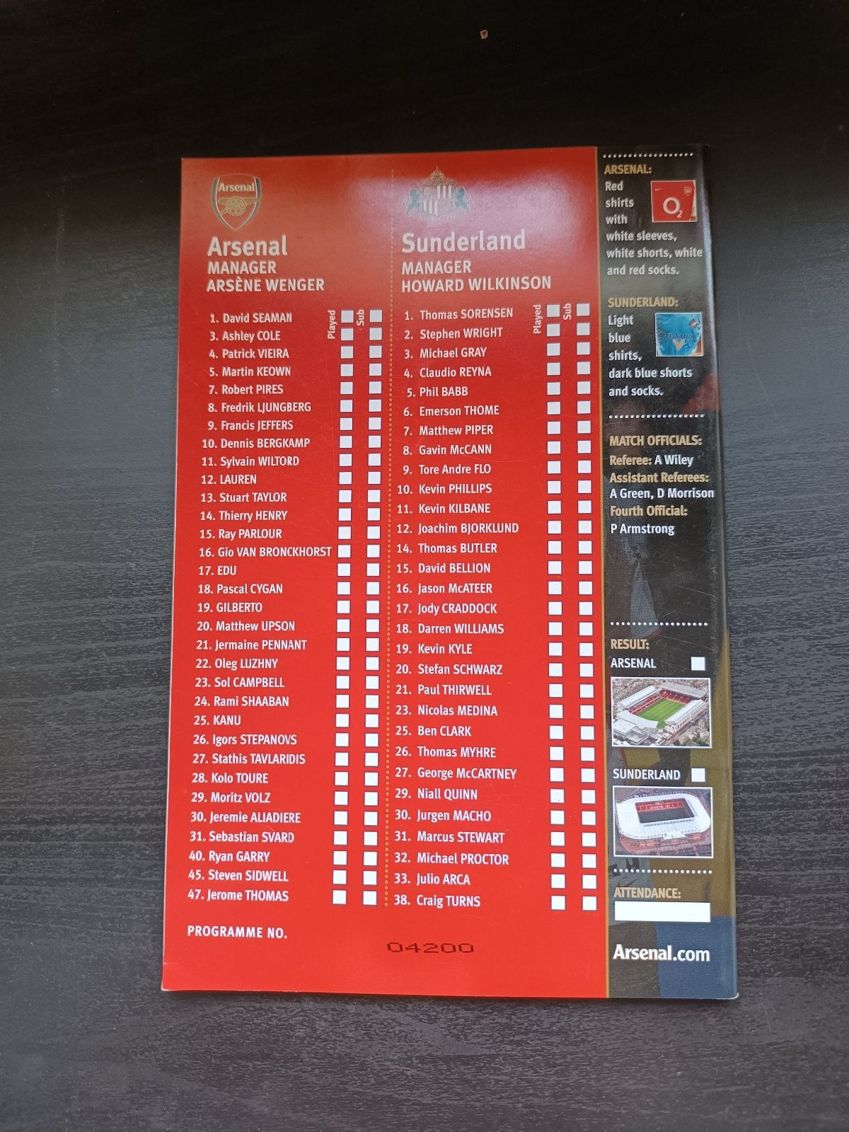 programma calcio Arsenal V Sunderland 2002