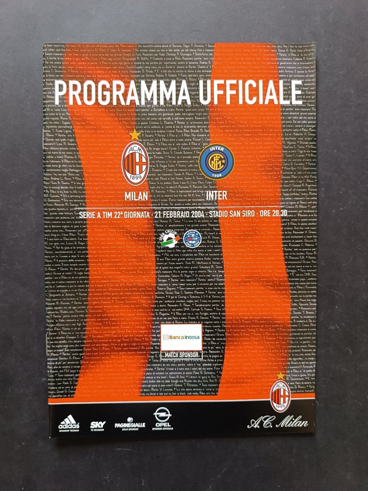 programma Ufficiale MILAN INTER 21 febbraio 2004