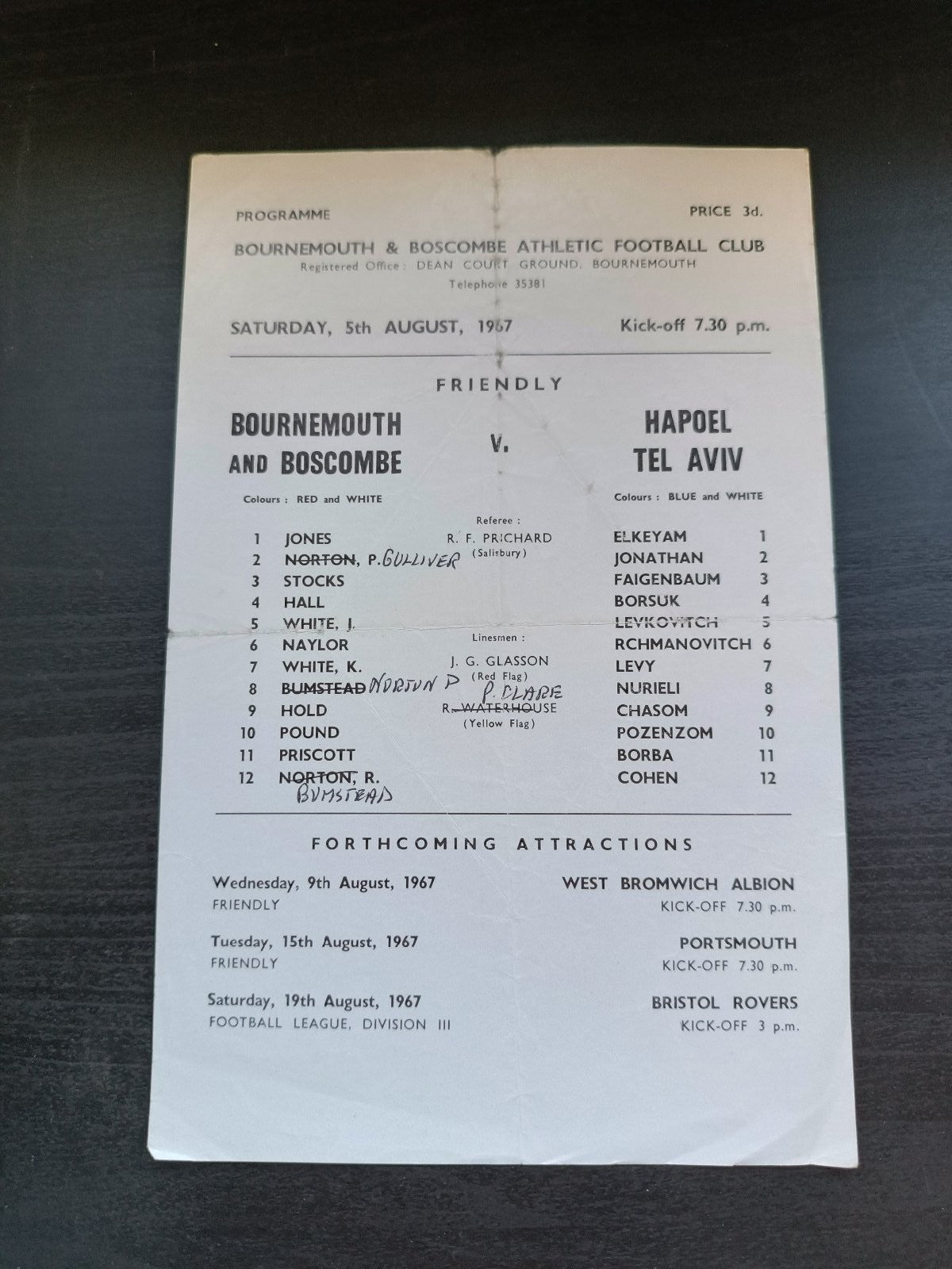 programma calcio Bournemouth V Hapoel Tel Aviv 5th 1967