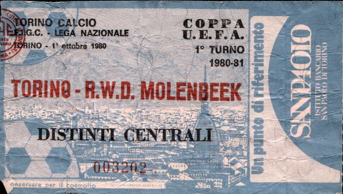 Biglietto stadio Torino-R.W.D Molenbeek 1980-81 Coppa Uefa n 003202