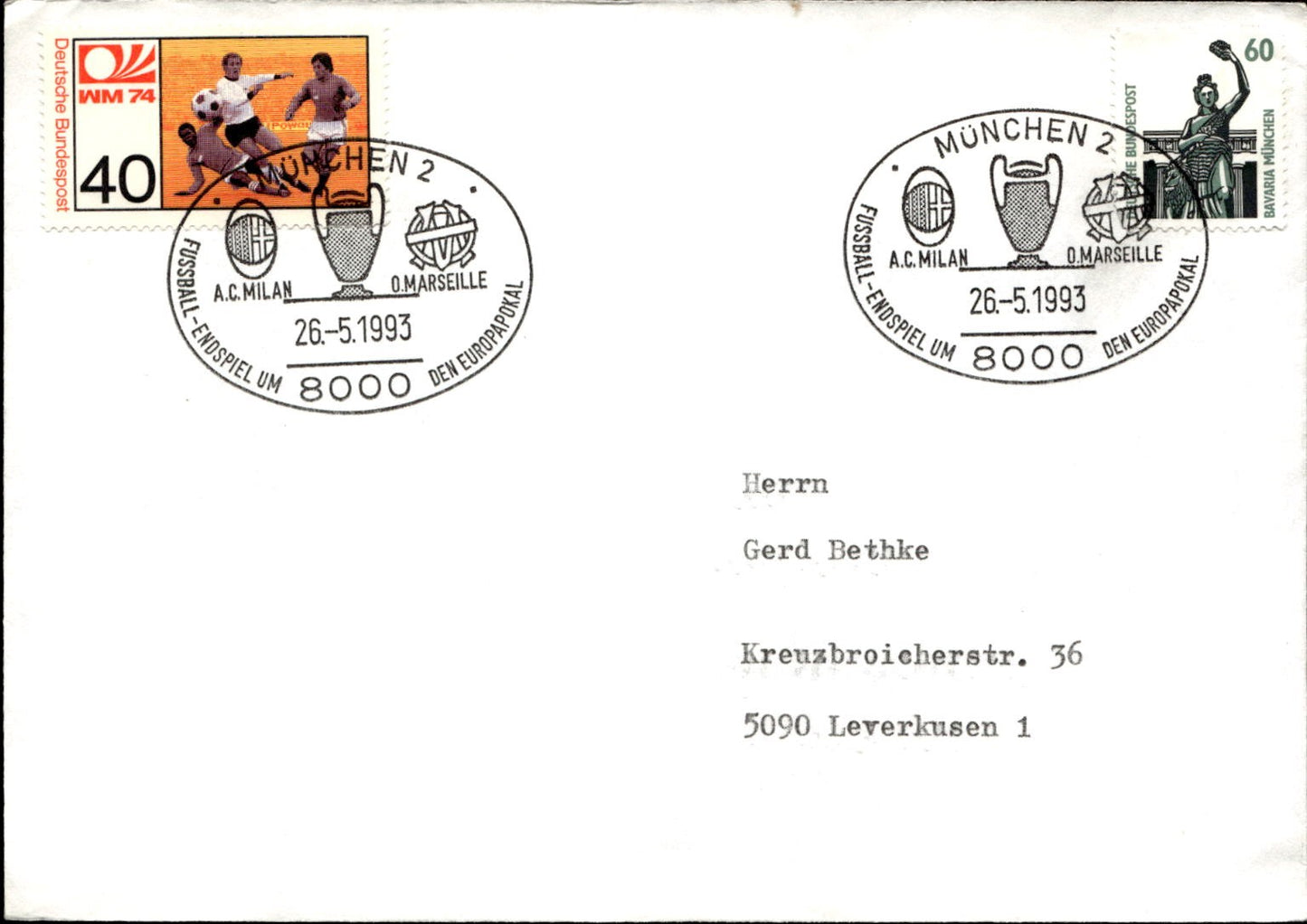 busta per cartolina postcard Calcio Milan Marseille Annullo 26-5-1993