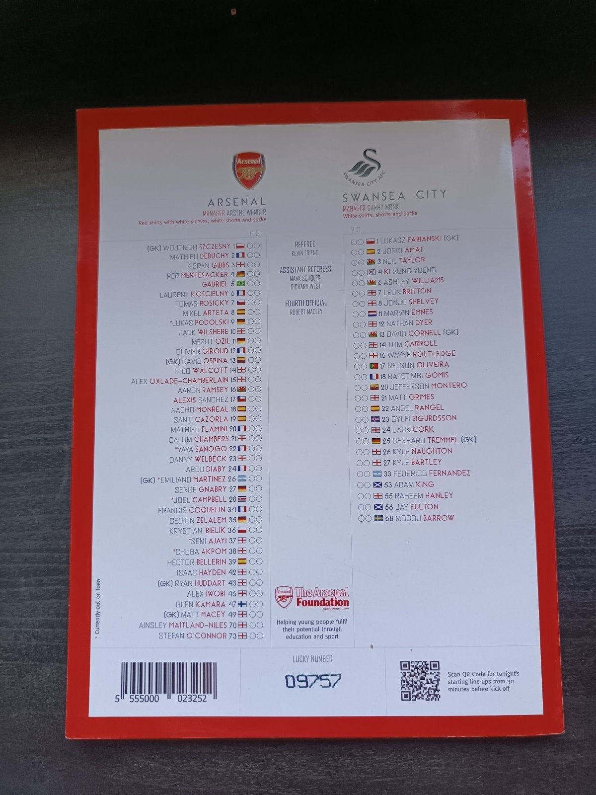 programma calcio Arsenal V Swansea City 11th 2015