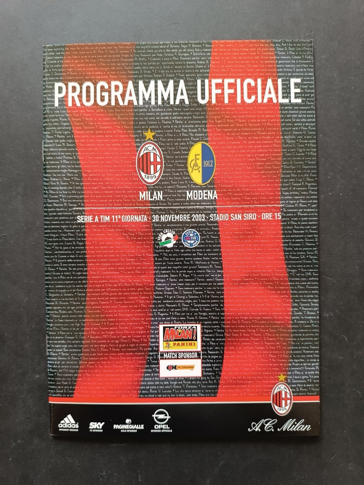 programma Ufficiale MILAN MODENA 30 novembre 2003
