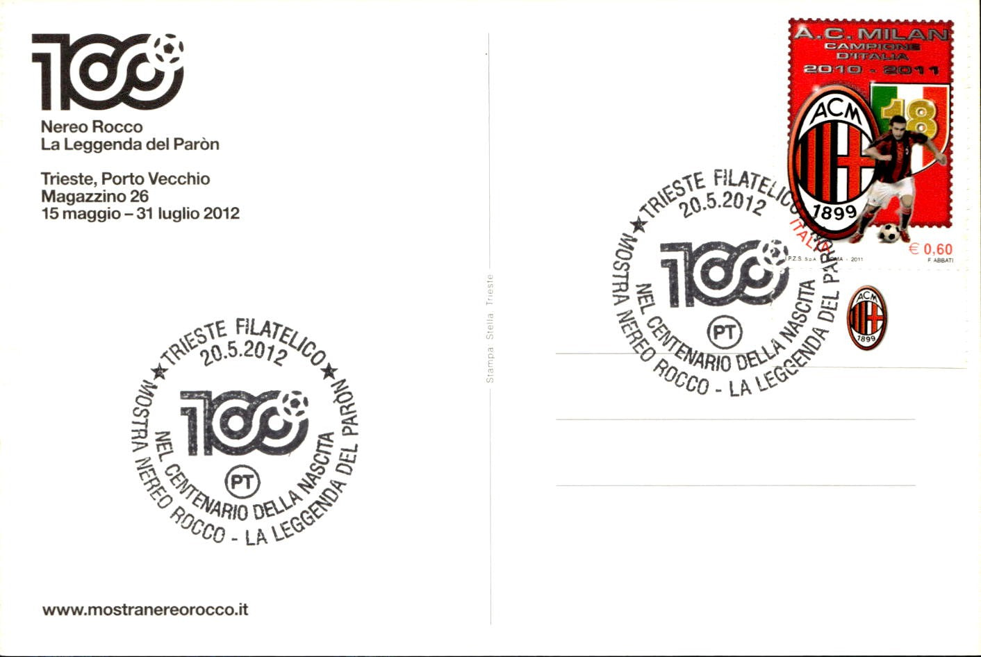 cartolina postcard calcio Milan 100 Nereo Rocco 2012 (8
