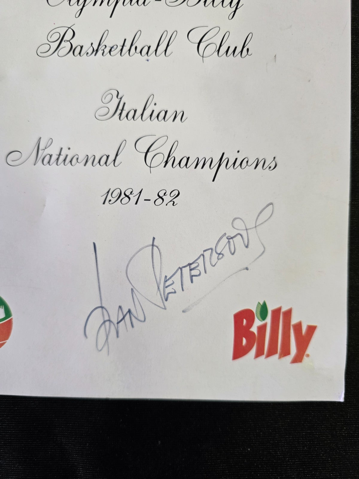 BILLY Olimpia Basket Milano Campioni d'Italia 1980/81 autografato DAN PETERSON