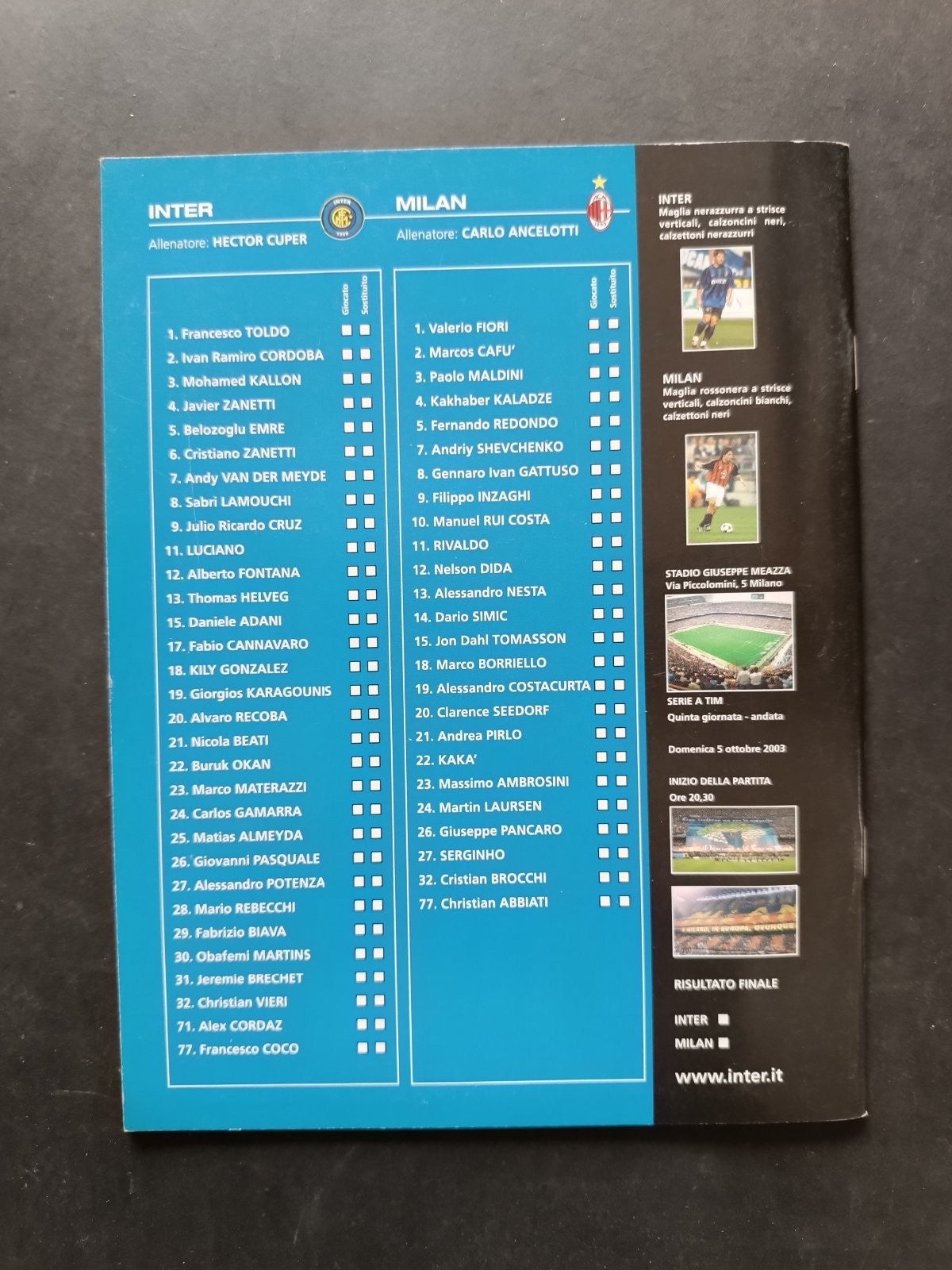 programma Ufficiale INTER MILAN 5 ottobre 2003