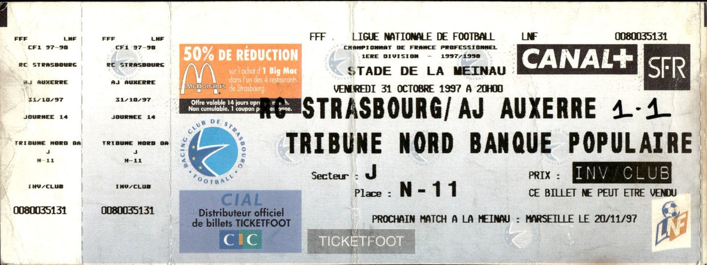 biglietto stadio LIGUE NATIONALE DE FOOTBALL CHAMPIONNAT DE FRANCE 1997/1998