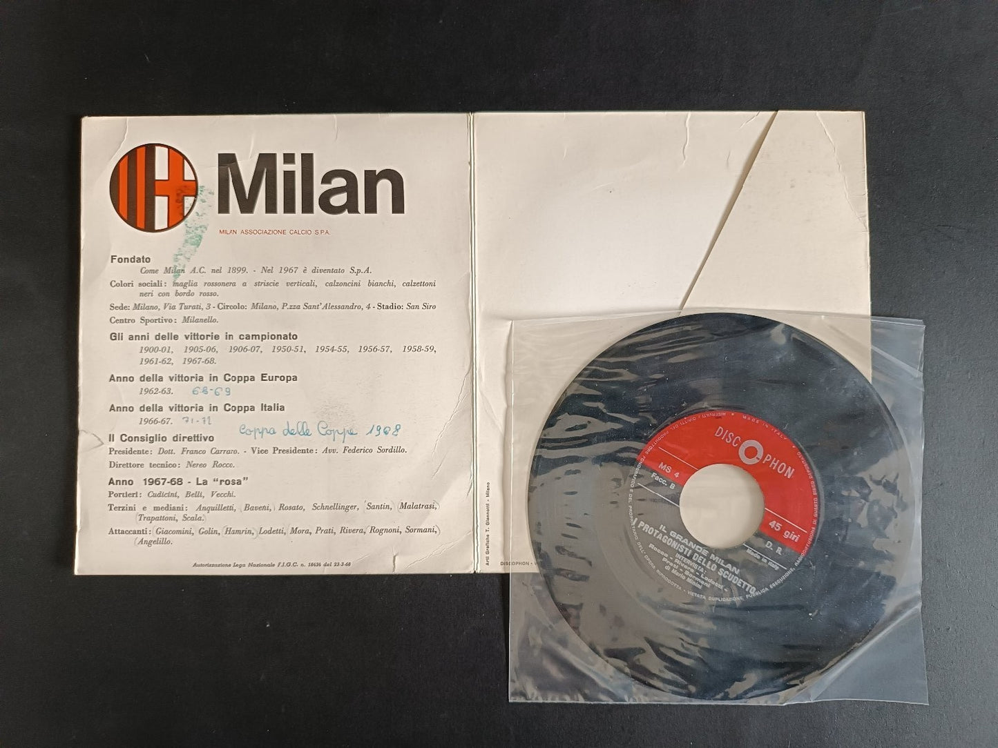 45 giri Milan 1967-68 Il grande Milan discophon intonso