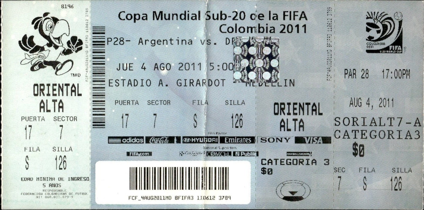 biglietto stadio COPA MUNDIAL FIFA COLOMBIA 2011 4 AGOSTO