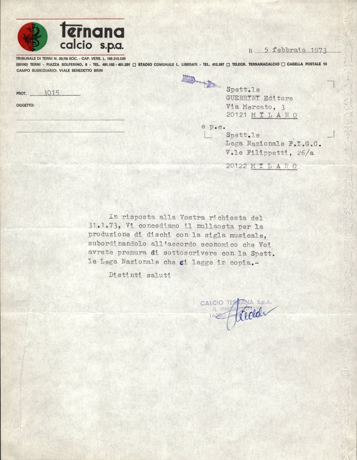 carta intestata societ� sportiva Calcio Ternana spa 1973