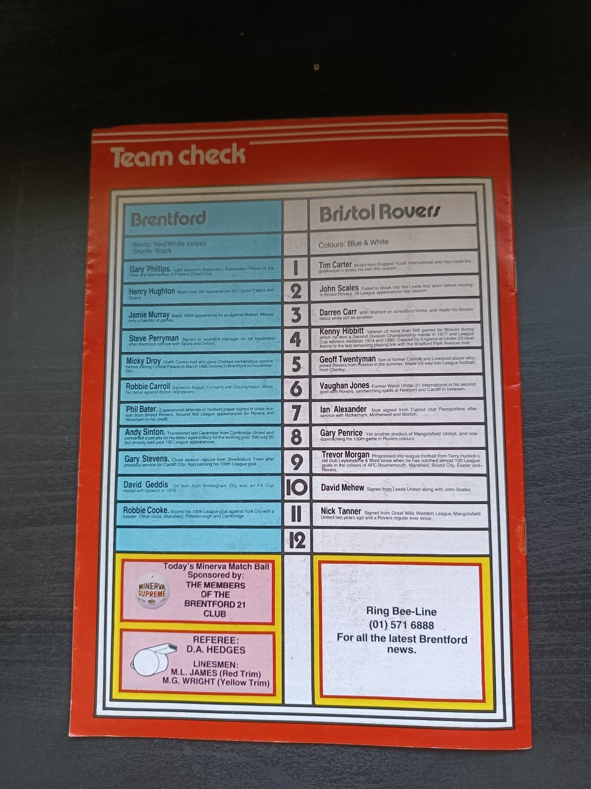 programma calcio Brentford V Bristol Rovers 28th 1986