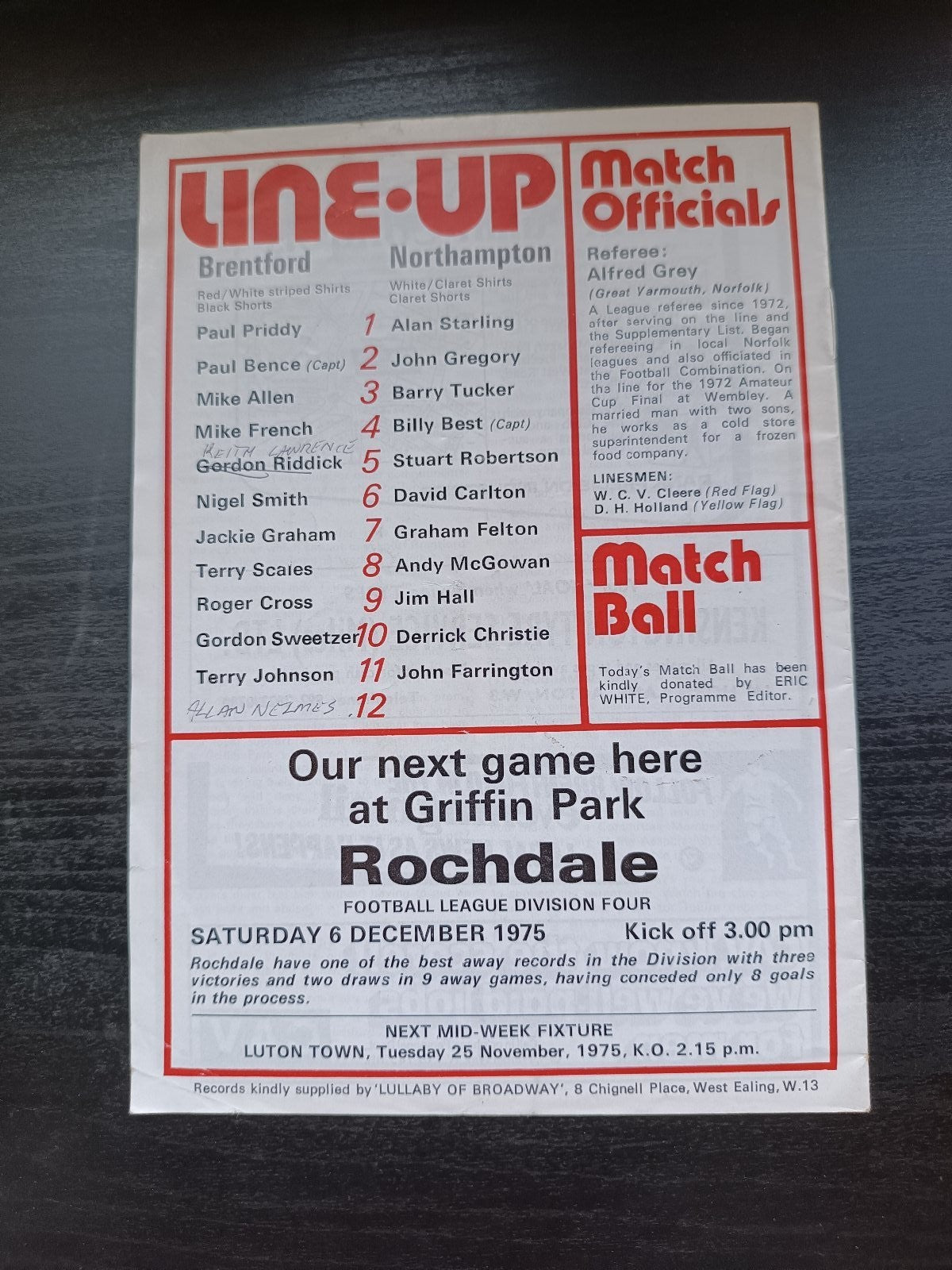 programma calcio Brentford V Northampton Town 22 1975