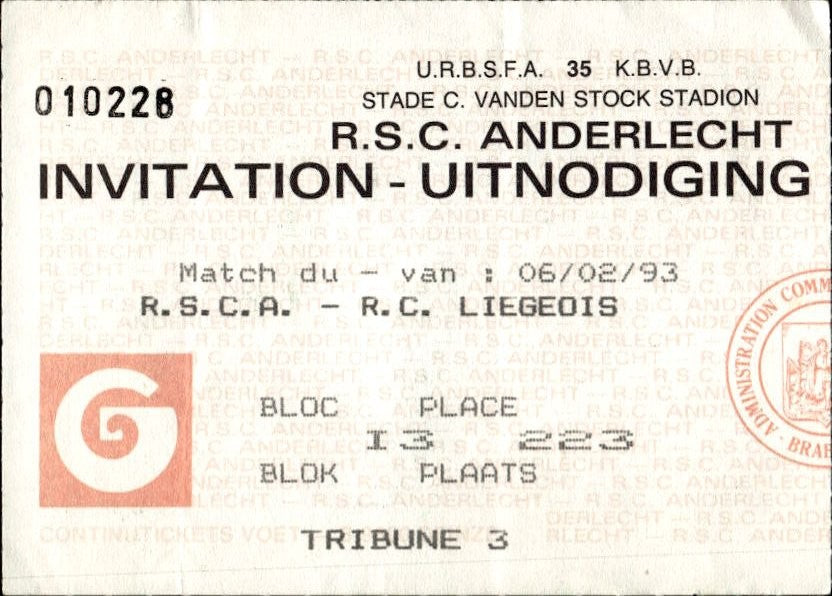 biglietto stadio Anderlecht vs Liegeois 1993