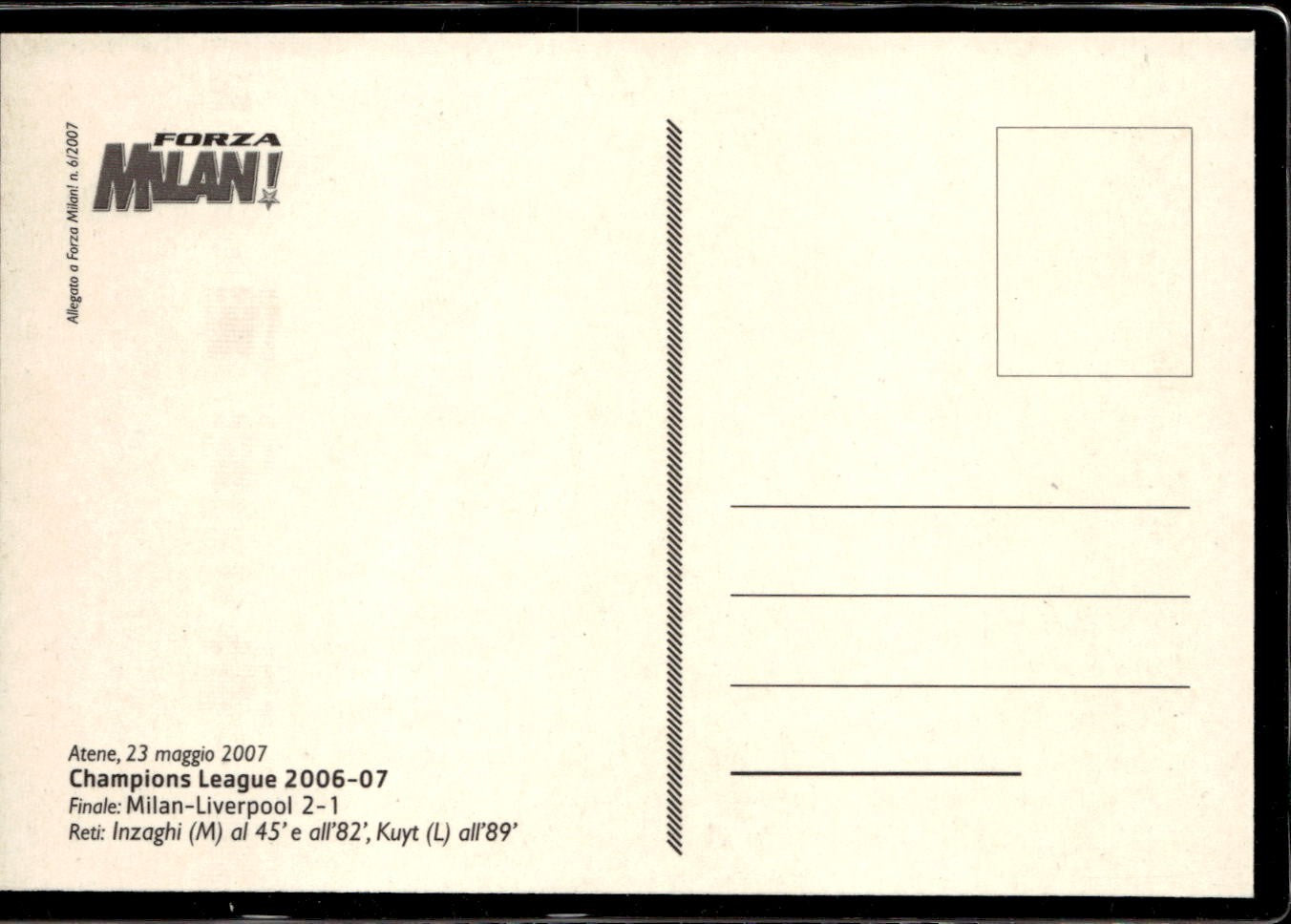 cartolina postcard Calcio Forza Milan 2007 Campioni d'Europa Maglia Rossonera