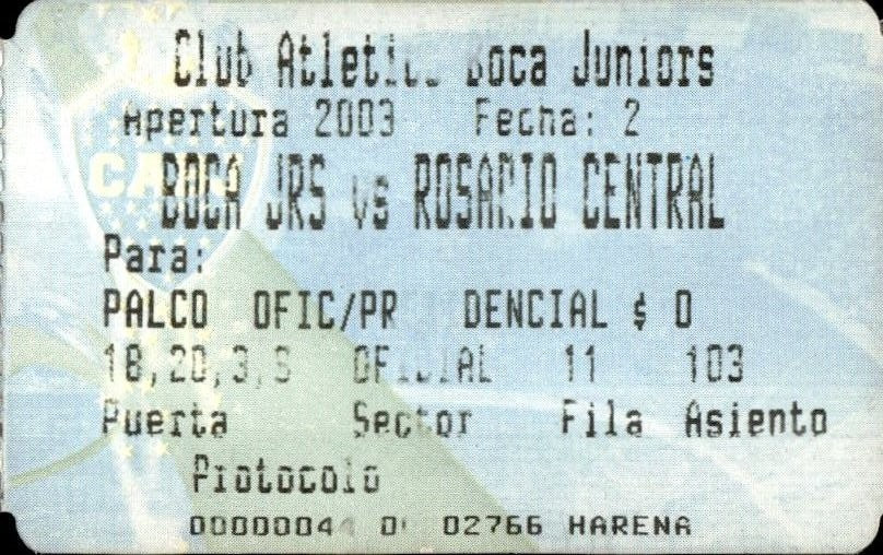biglietto stadio BOCA JRS VS ROSARIO CENTRAL 2003 PALCO OFIC/PR