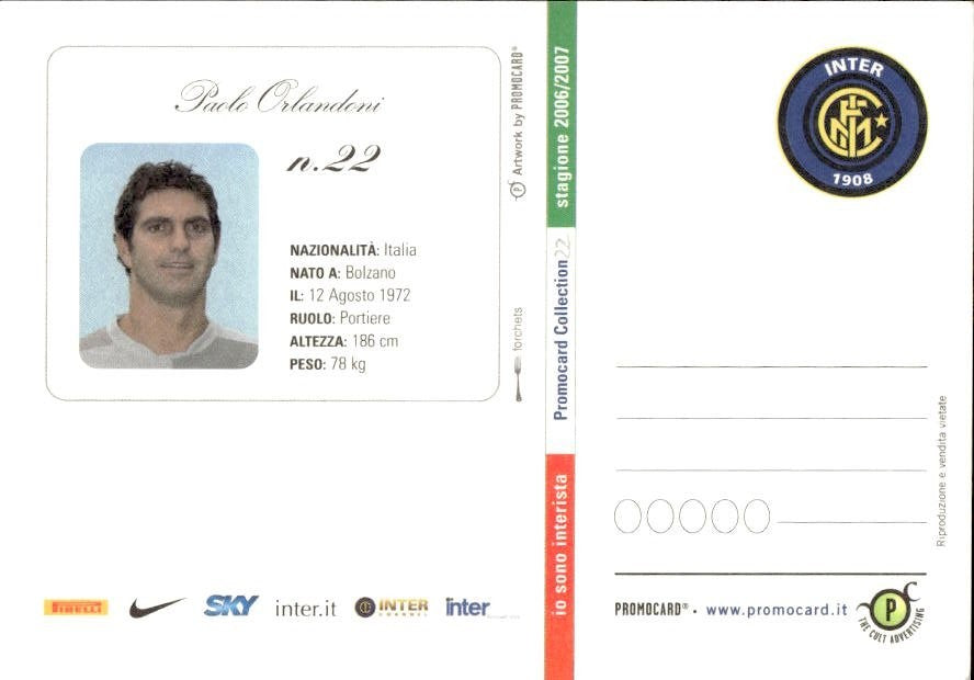 Cartolina calciatore Inter Paolo Orlandoni con autografo stampato