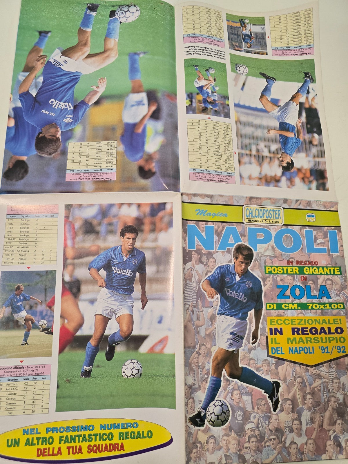 ssc NAPOLI 1991/92 CalcioPoster poster ZOLA retro squadra pieghevole 70x100