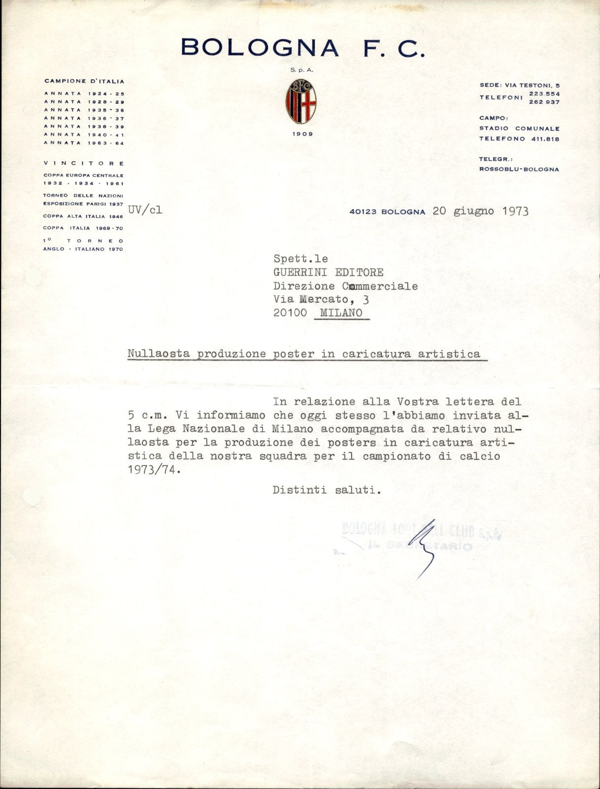 carta intestata societ� sportiva Bologna FC 1973 01
