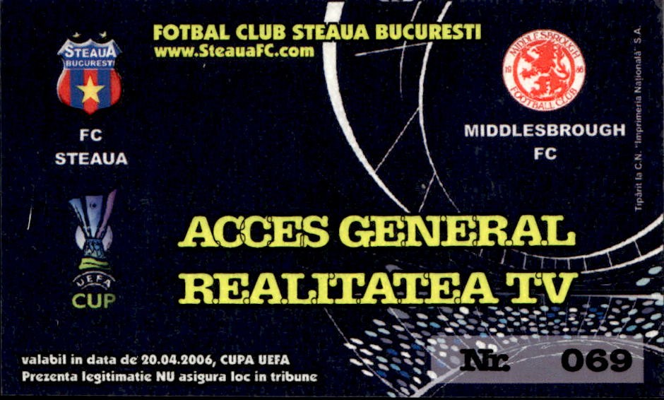 biglietto Ticket Stadio F.C Steaua Middlesbrough F.C 20/04/2006 Cupa Uefa