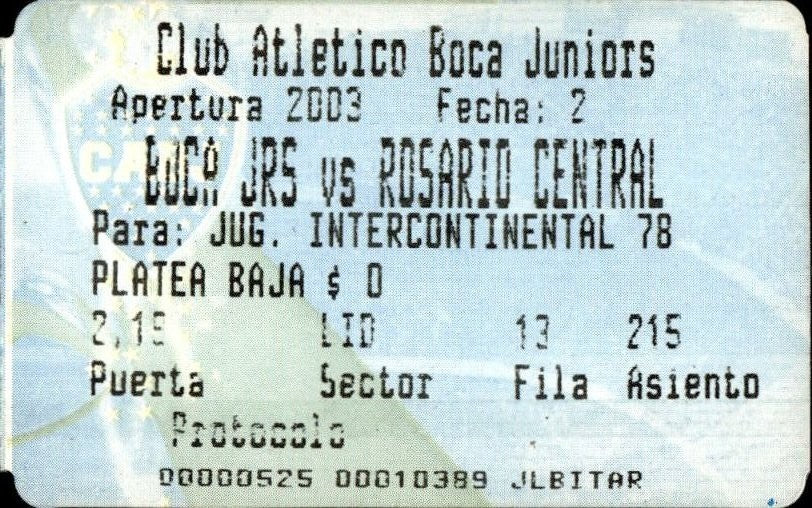 biglietto stadio BOCA JRS VS ROSARIO CENTRAL 2003