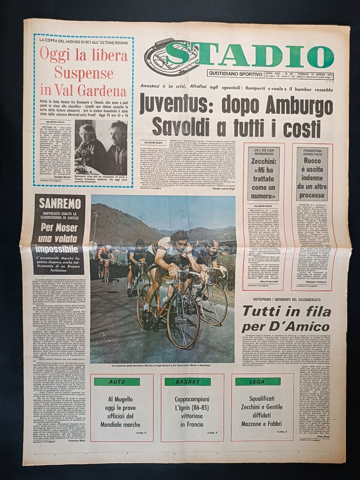 Quotidiano Sportivo STADIO numero 66 anno 1975 - Moser, Merckx